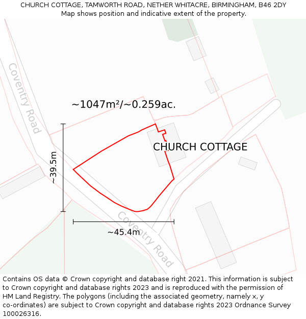 CHURCH COTTAGE, TAMWORTH ROAD, NETHER WHITACRE, BIRMINGHAM, B46 2DY: Plot and title map