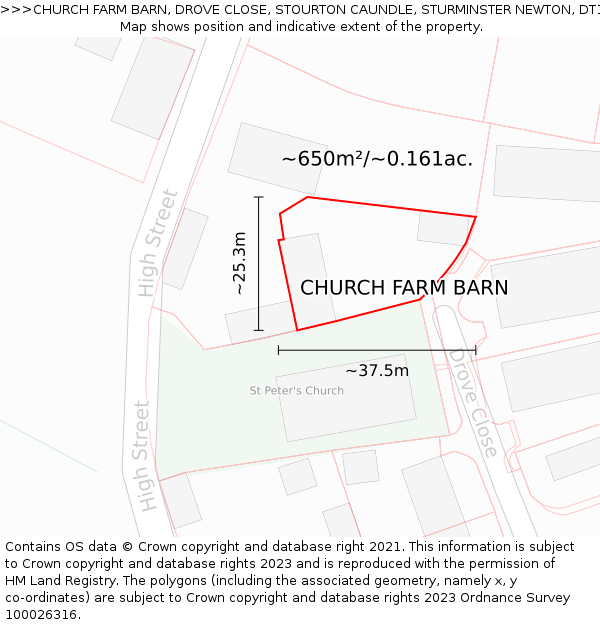 CHURCH FARM BARN, DROVE CLOSE, STOURTON CAUNDLE, STURMINSTER NEWTON, DT10 2QH: Plot and title map