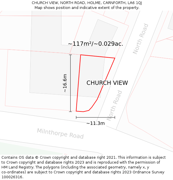 CHURCH VIEW, NORTH ROAD, HOLME, CARNFORTH, LA6 1QJ: Plot and title map