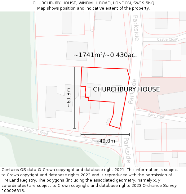 CHURCHBURY HOUSE, WINDMILL ROAD, LONDON, SW19 5NQ: Plot and title map