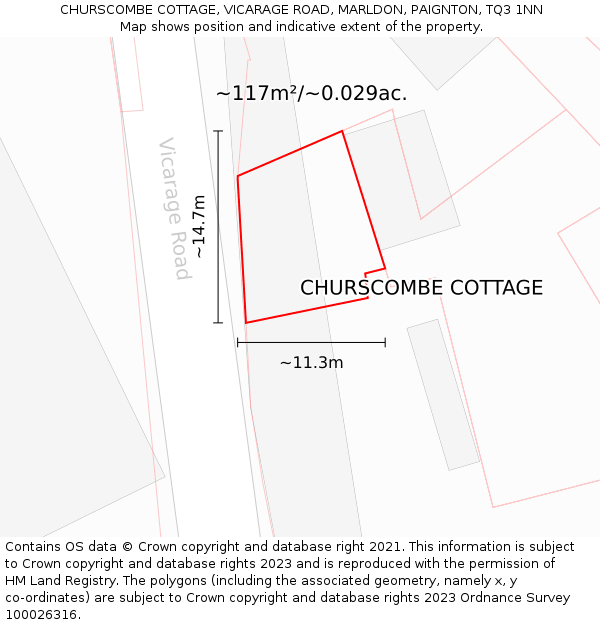 CHURSCOMBE COTTAGE, VICARAGE ROAD, MARLDON, PAIGNTON, TQ3 1NN: Plot and title map