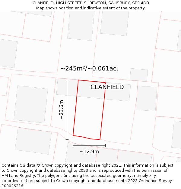 CLANFIELD, HIGH STREET, SHREWTON, SALISBURY, SP3 4DB: Plot and title map