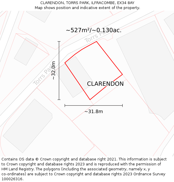 CLARENDON, TORRS PARK, ILFRACOMBE, EX34 8AY: Plot and title map