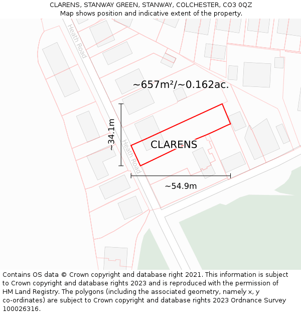 CLARENS, STANWAY GREEN, STANWAY, COLCHESTER, CO3 0QZ: Plot and title map