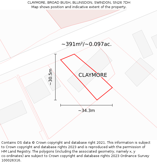 CLAYMORE, BROAD BUSH, BLUNSDON, SWINDON, SN26 7DH: Plot and title map