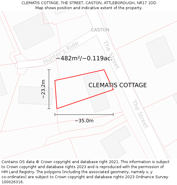 CLEMATIS COTTAGE, THE STREET, CASTON, ATTLEBOROUGH, NR17 1DD: Plot and title map