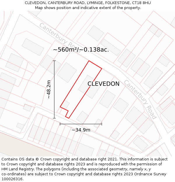 CLEVEDON, CANTERBURY ROAD, LYMINGE, FOLKESTONE, CT18 8HU: Plot and title map