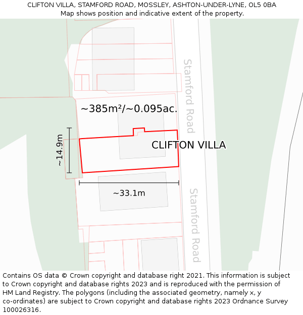 CLIFTON VILLA, STAMFORD ROAD, MOSSLEY, ASHTON-UNDER-LYNE, OL5 0BA: Plot and title map