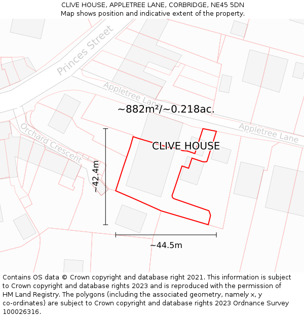 CLIVE HOUSE, APPLETREE LANE, CORBRIDGE, NE45 5DN: Plot and title map