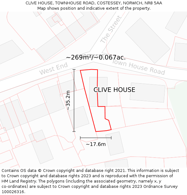 CLIVE HOUSE, TOWNHOUSE ROAD, COSTESSEY, NORWICH, NR8 5AA: Plot and title map