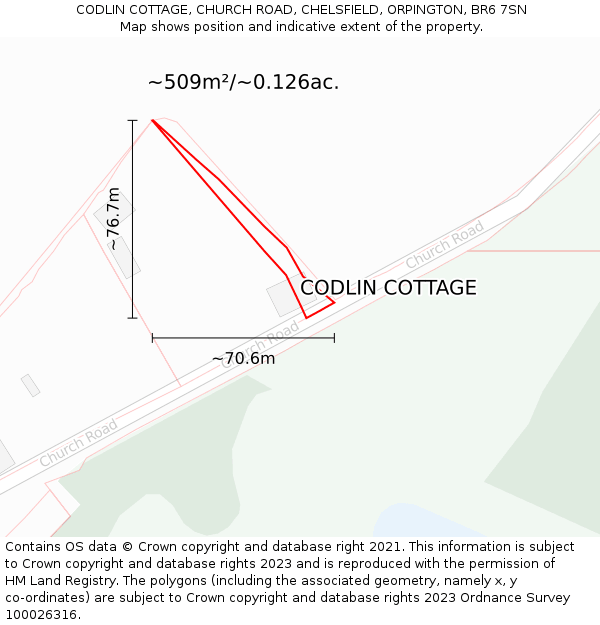 CODLIN COTTAGE, CHURCH ROAD, CHELSFIELD, ORPINGTON, BR6 7SN: Plot and title map