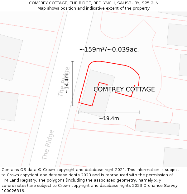 COMFREY COTTAGE, THE RIDGE, REDLYNCH, SALISBURY, SP5 2LN: Plot and title map