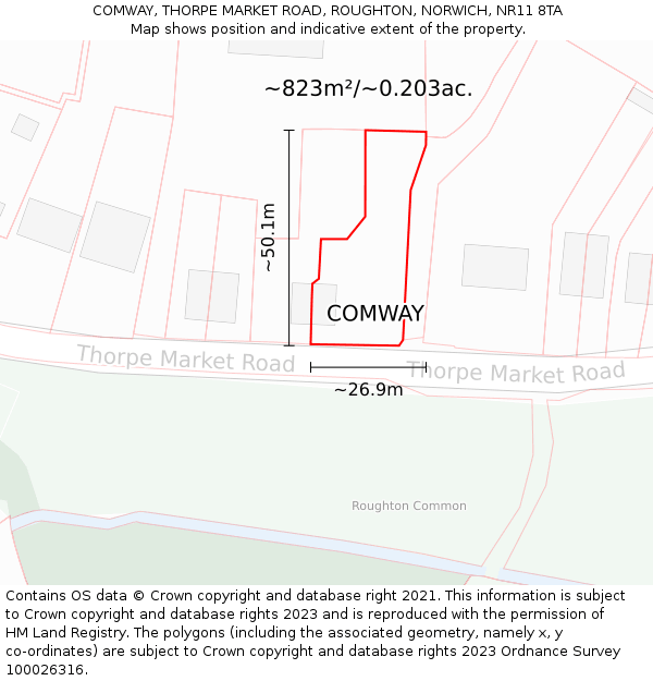 COMWAY, THORPE MARKET ROAD, ROUGHTON, NORWICH, NR11 8TA: Plot and title map