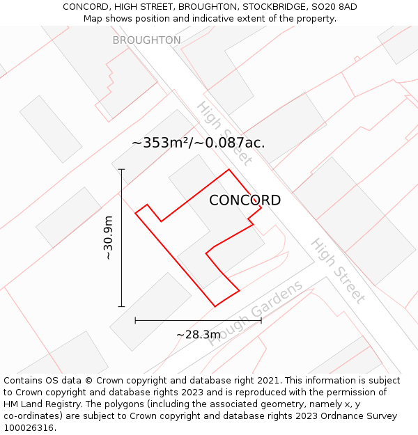 CONCORD, HIGH STREET, BROUGHTON, STOCKBRIDGE, SO20 8AD: Plot and title map