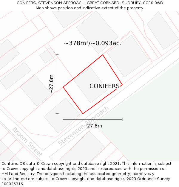 CONIFERS, STEVENSON APPROACH, GREAT CORNARD, SUDBURY, CO10 0WD: Plot and title map