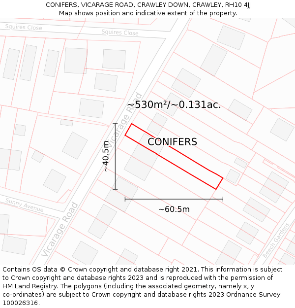 CONIFERS, VICARAGE ROAD, CRAWLEY DOWN, CRAWLEY, RH10 4JJ: Plot and title map