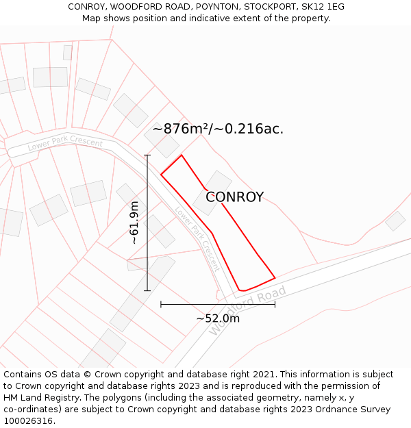 CONROY, WOODFORD ROAD, POYNTON, STOCKPORT, SK12 1EG: Plot and title map