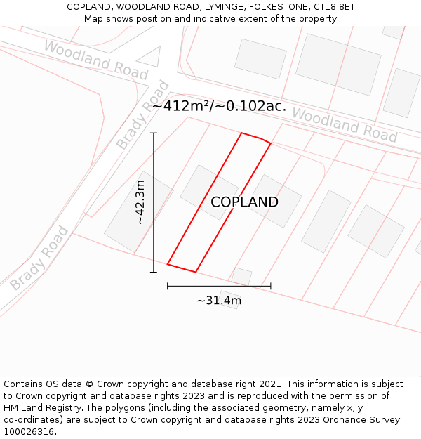 COPLAND, WOODLAND ROAD, LYMINGE, FOLKESTONE, CT18 8ET: Plot and title map