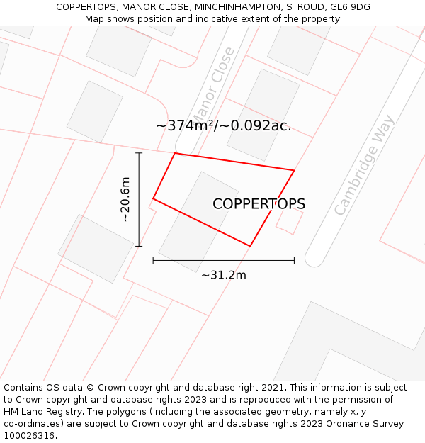 COPPERTOPS, MANOR CLOSE, MINCHINHAMPTON, STROUD, GL6 9DG: Plot and title map