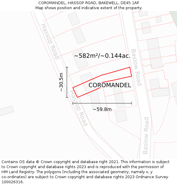 COROMANDEL, HASSOP ROAD, BAKEWELL, DE45 1AP: Plot and title map