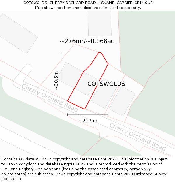 COTSWOLDS, CHERRY ORCHARD ROAD, LISVANE, CARDIFF, CF14 0UE: Plot and title map