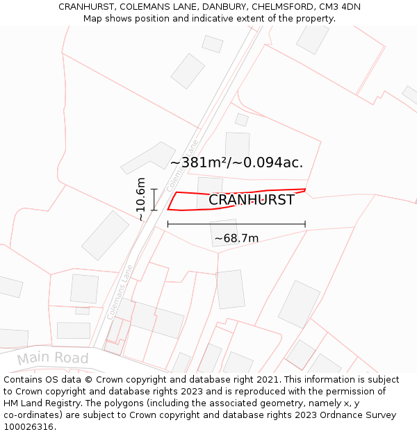 CRANHURST, COLEMANS LANE, DANBURY, CHELMSFORD, CM3 4DN: Plot and title map