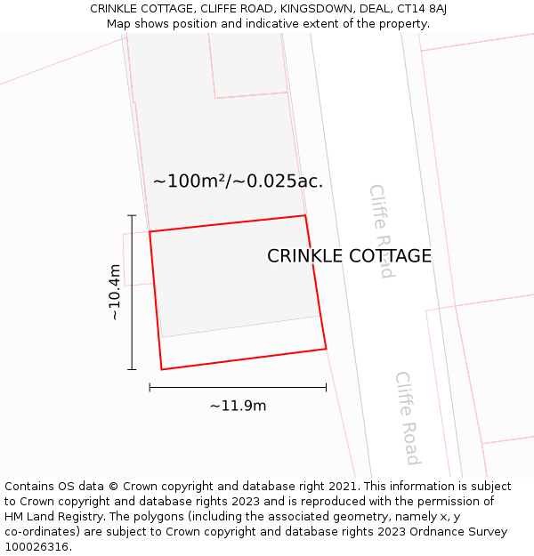 CRINKLE COTTAGE, CLIFFE ROAD, KINGSDOWN, DEAL, CT14 8AJ: Plot and title map