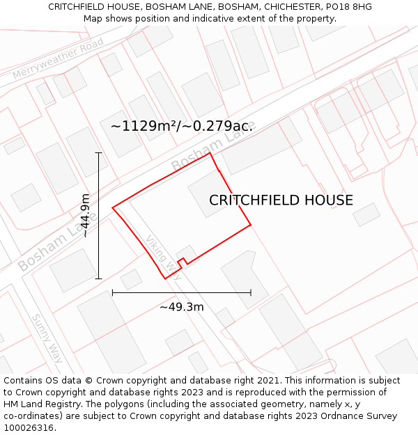 CRITCHFIELD HOUSE, BOSHAM LANE, BOSHAM, CHICHESTER, PO18 8HG: Plot and title map