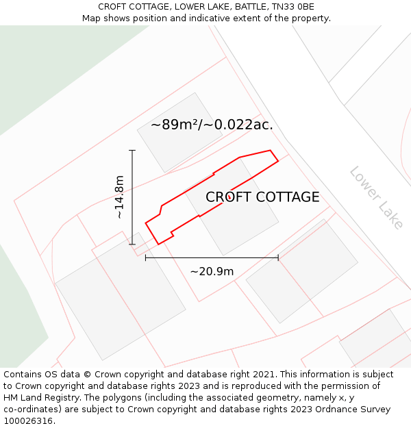 CROFT COTTAGE, LOWER LAKE, BATTLE, TN33 0BE: Plot and title map