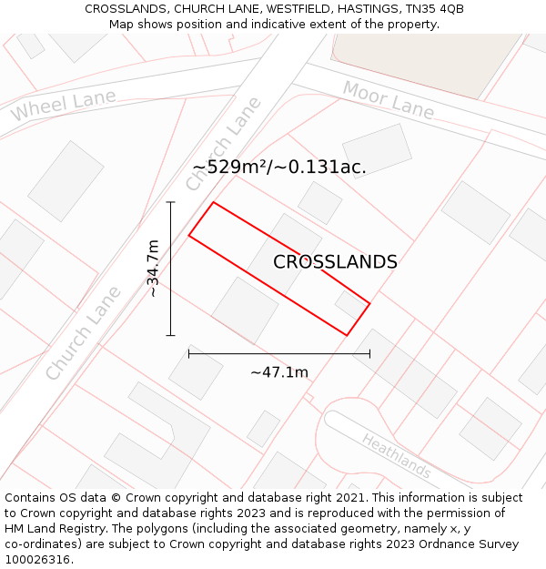 CROSSLANDS, CHURCH LANE, WESTFIELD, HASTINGS, TN35 4QB: Plot and title map