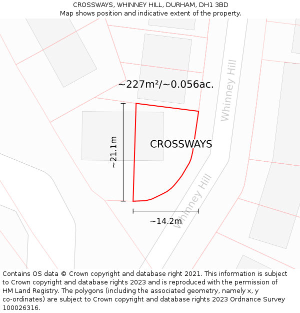 CROSSWAYS, WHINNEY HILL, DURHAM, DH1 3BD: Plot and title map