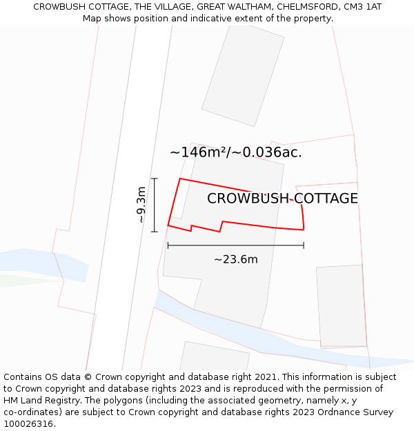 CROWBUSH COTTAGE, THE VILLAGE, GREAT WALTHAM, CHELMSFORD, CM3 1AT: Plot and title map