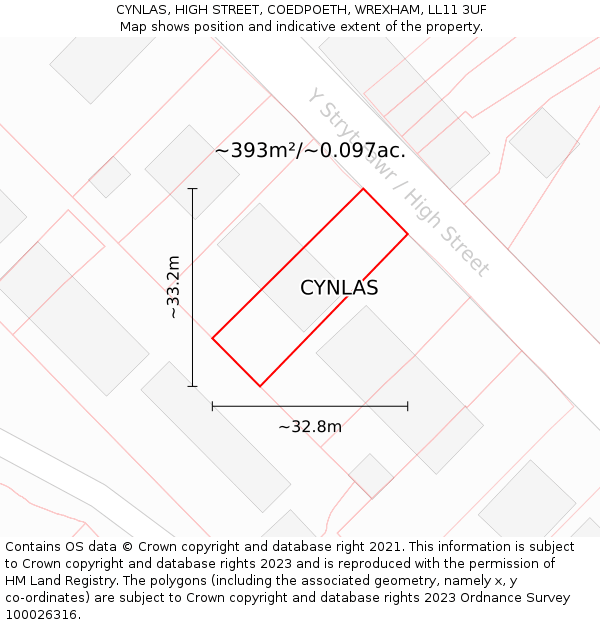 CYNLAS, HIGH STREET, COEDPOETH, WREXHAM, LL11 3UF: Plot and title map