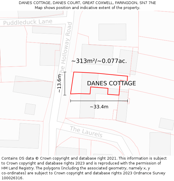 DANES COTTAGE, DANES COURT, GREAT COXWELL, FARINGDON, SN7 7NE: Plot and title map