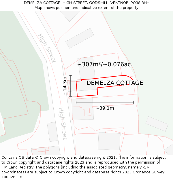 DEMELZA COTTAGE, HIGH STREET, GODSHILL, VENTNOR, PO38 3HH: Plot and title map