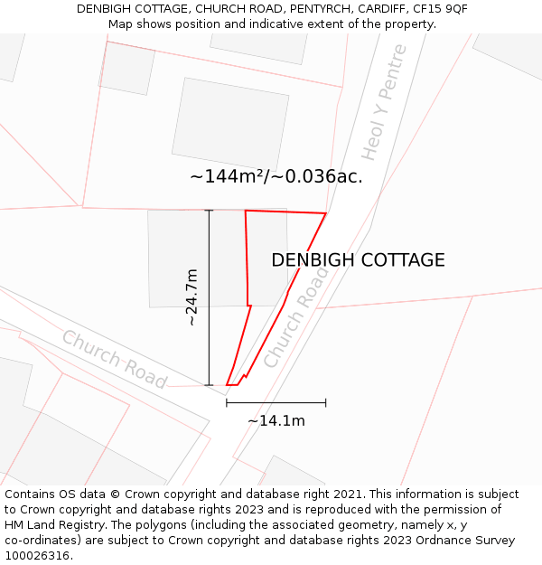 DENBIGH COTTAGE, CHURCH ROAD, PENTYRCH, CARDIFF, CF15 9QF: Plot and title map