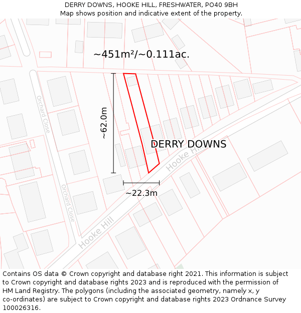 DERRY DOWNS, HOOKE HILL, FRESHWATER, PO40 9BH: Plot and title map