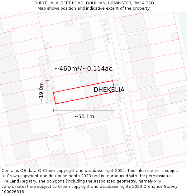 DHEKELIA, ALBERT ROAD, BULPHAN, UPMINSTER, RM14 3SB: Plot and title map