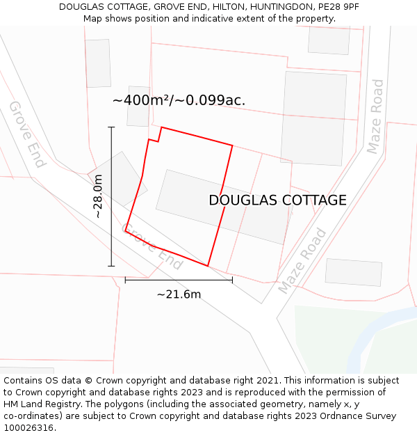 DOUGLAS COTTAGE, GROVE END, HILTON, HUNTINGDON, PE28 9PF: Plot and title map