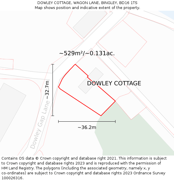 DOWLEY COTTAGE, WAGON LANE, BINGLEY, BD16 1TS: Plot and title map