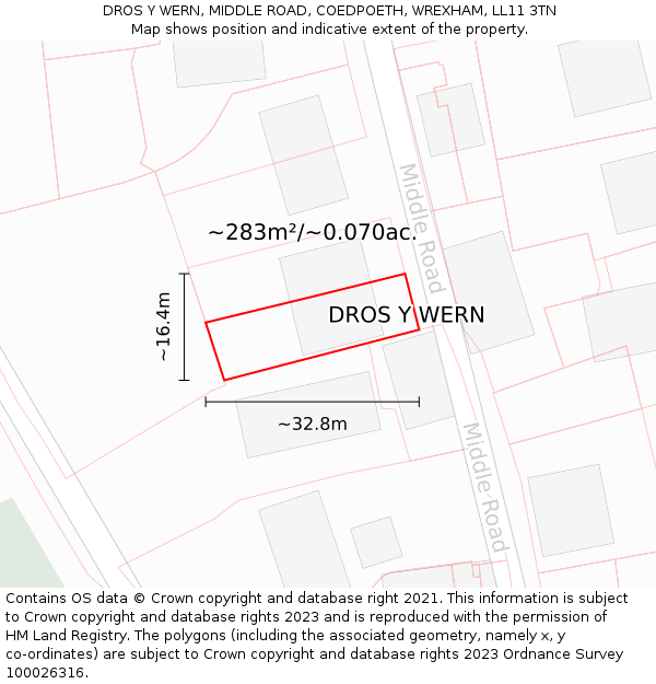 DROS Y WERN, MIDDLE ROAD, COEDPOETH, WREXHAM, LL11 3TN: Plot and title map