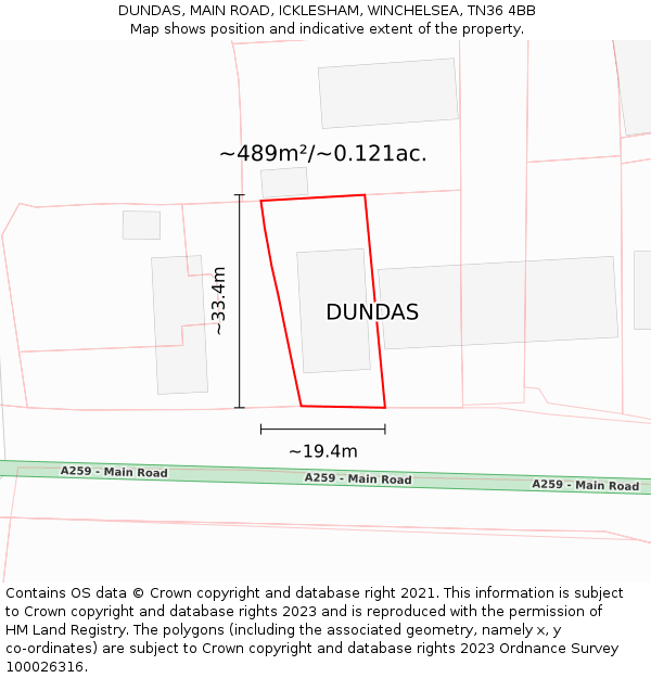 DUNDAS, MAIN ROAD, ICKLESHAM, WINCHELSEA, TN36 4BB: Plot and title map