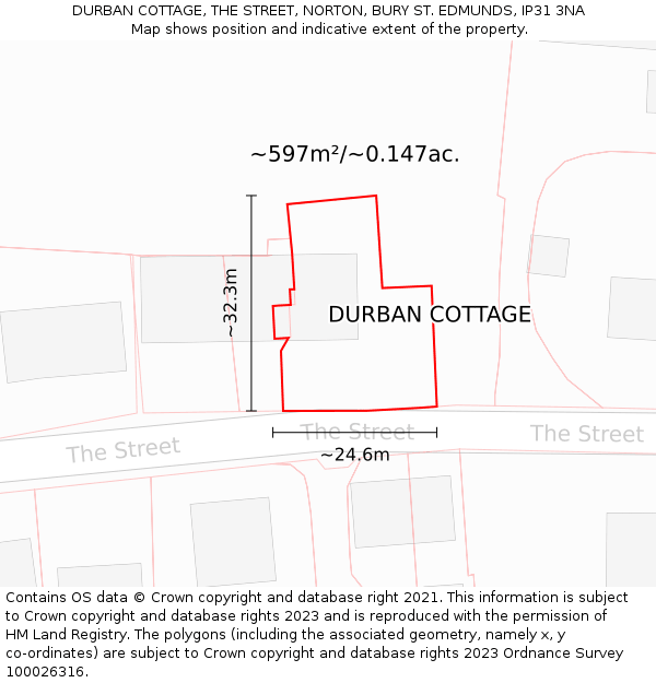 DURBAN COTTAGE, THE STREET, NORTON, BURY ST. EDMUNDS, IP31 3NA: Plot and title map