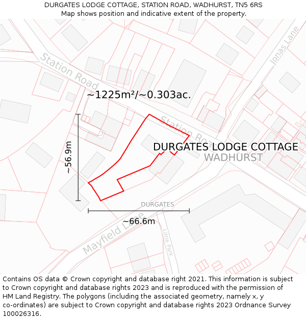 DURGATES LODGE COTTAGE, STATION ROAD, WADHURST, TN5 6RS: Plot and title map