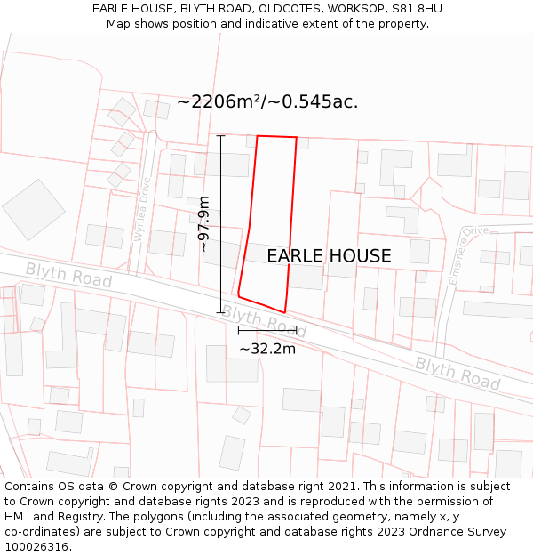 EARLE HOUSE, BLYTH ROAD, OLDCOTES, WORKSOP, S81 8HU: Plot and title map