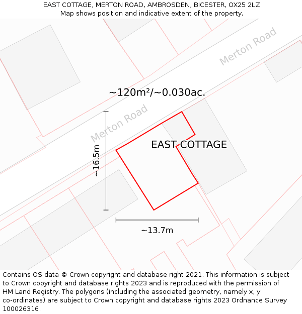 EAST COTTAGE, MERTON ROAD, AMBROSDEN, BICESTER, OX25 2LZ: Plot and title map