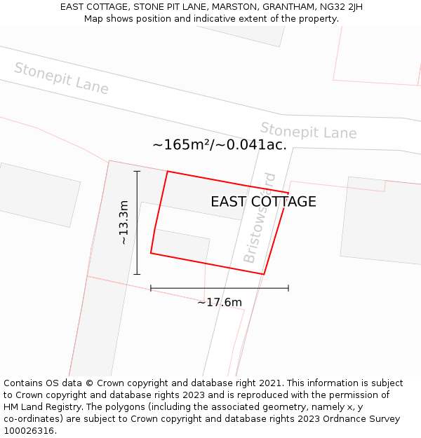 EAST COTTAGE, STONE PIT LANE, MARSTON, GRANTHAM, NG32 2JH: Plot and title map