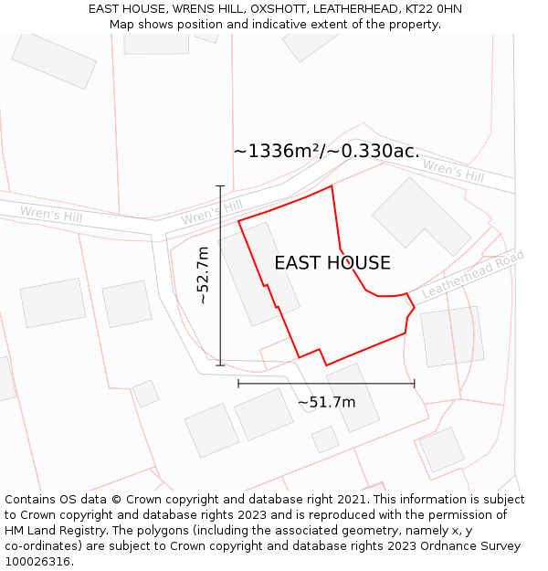 EAST HOUSE, WRENS HILL, OXSHOTT, LEATHERHEAD, KT22 0HN: Plot and title map