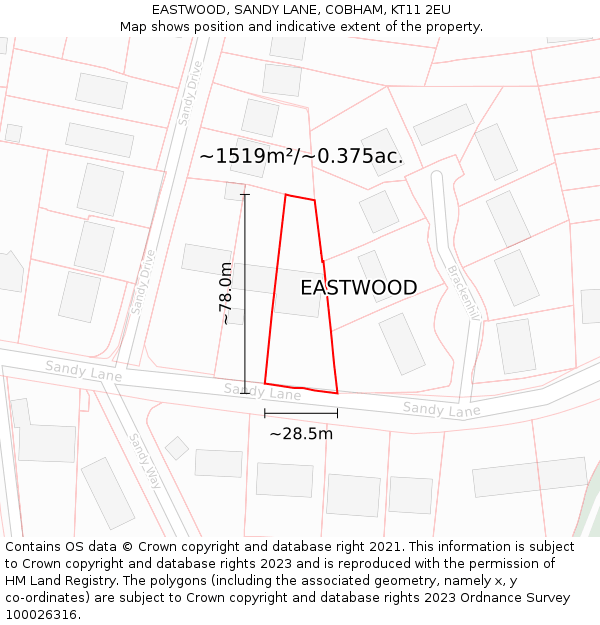 EASTWOOD, SANDY LANE, COBHAM, KT11 2EU: Plot and title map