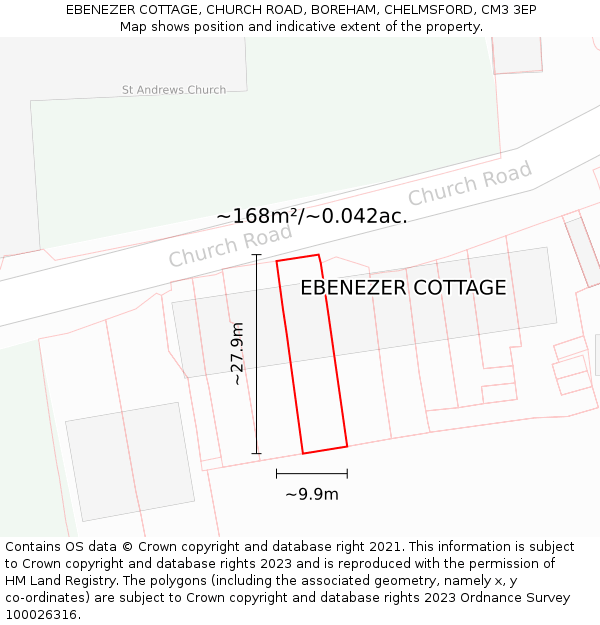 EBENEZER COTTAGE, CHURCH ROAD, BOREHAM, CHELMSFORD, CM3 3EP: Plot and title map